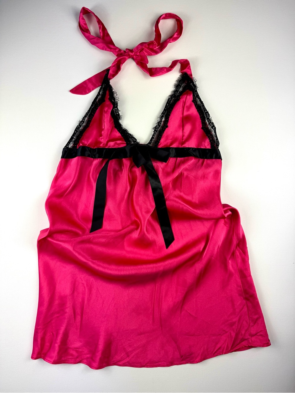 Y2K Hot Pink Silky Satin Black Lace Trim Halter Chemise Babydoll Top Flowy Med